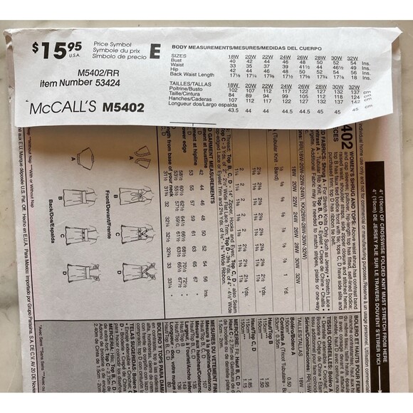 McCall's Pattern M5402 Womens Shrug & Tops 6 Styles Sizes 18W-20W-22W-24W Uncut - Picture 4 of 5